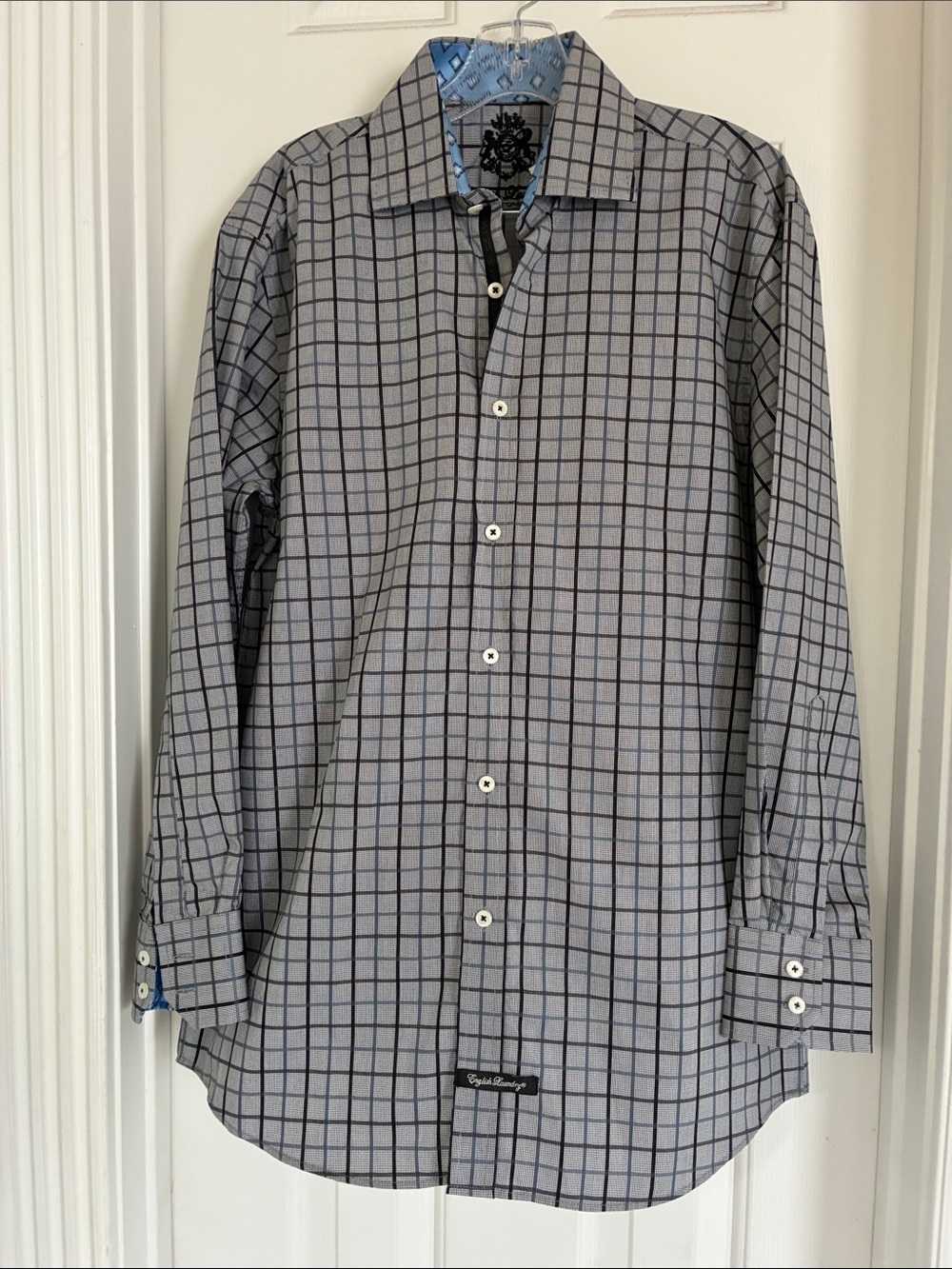 English Laundry Gray Dress Shirt with Navy Windowpane